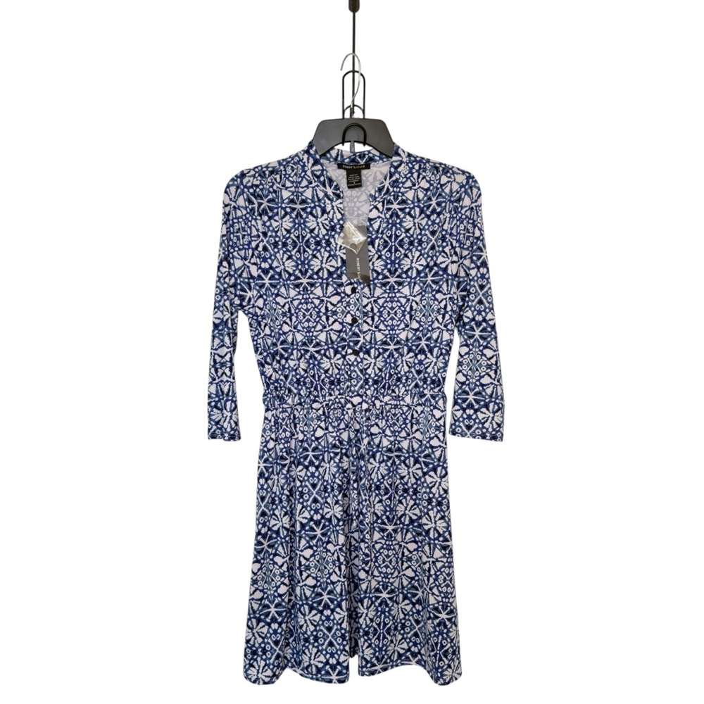Robert Louis Blue White Small Geometric Midi Dress Boho-Chic Preppy Modest
